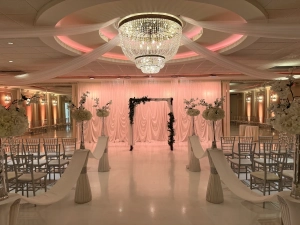 Astoria Banquets Wedding ceremony and reception, Chicago venue, all-inclusive package, best of wedding, first kiss, garden arch, staircase entrance, vintage chandelier