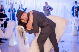 Astoria Banquets Wedding ceremony and reception, Chicago venue, all-inclusive package, best of wedding, first kiss, garden arch, staircase entrance, vintage chandelier
