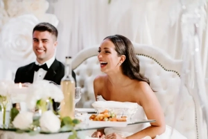 Astoria Banquets Wedding ceremony and reception, Chicago venue, all-inclusive package, best of wedding, bride and groom at the sweetheart table, fun party