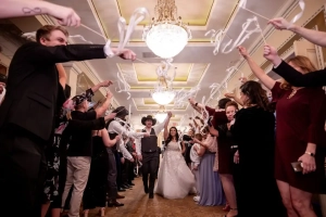 Astoria Banquets Wedding ceremony and reception, Chicago venue, all-inclusive package, best of wedding, staircase entrance, vintage chandelier, bridal send off