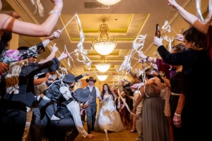 Astoria Banquets Wedding ceremony and reception, Chicago venue, all-inclusive package, best of wedding, staircase entrance, vintage chandelier foyer