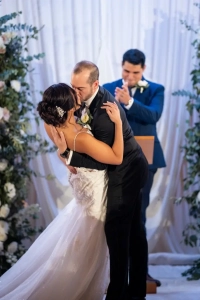 Astoria Banquets Wedding ceremony and reception, Chicago venue, all-inclusive package, best of wedding, first kiss, garden arch, staircase entrance, vintage chandelier