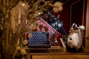 Astoria Banquets Wedding ceremony and reception, Chicago venue, all-inclusive package, best of wedding, staircase entrance, vintage chandelier